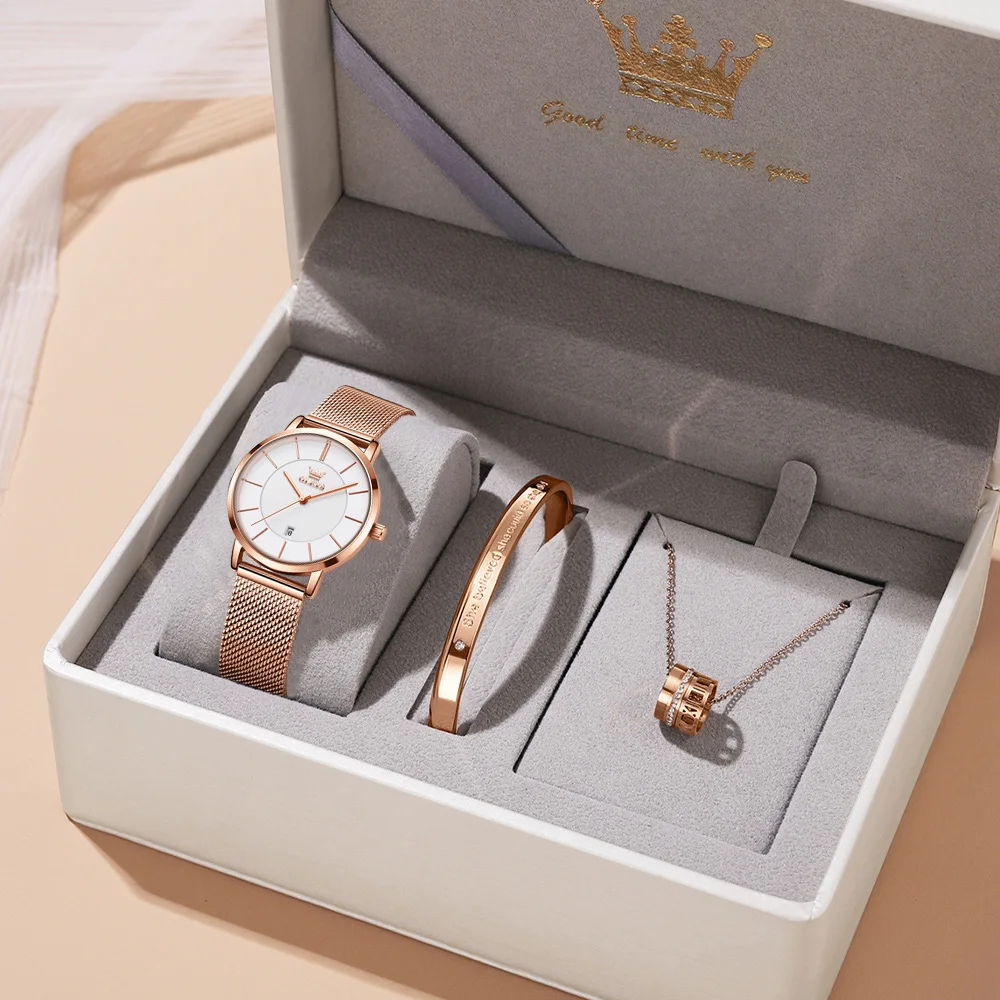 Olevs Uhr Frauen Roségold Top Marke Luxus Japan Uhrwerk Quarz ultra dünne Damen uhr Kalender Datum Halskette Uhren set