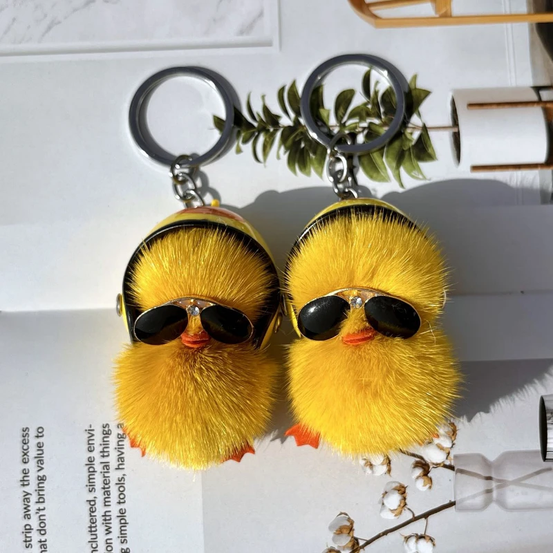 Cute Woman Keychain, A Cool Duck with Helmet and Eyes Mink Hair Little Duck Plush Bag Pendant  Car Keychain