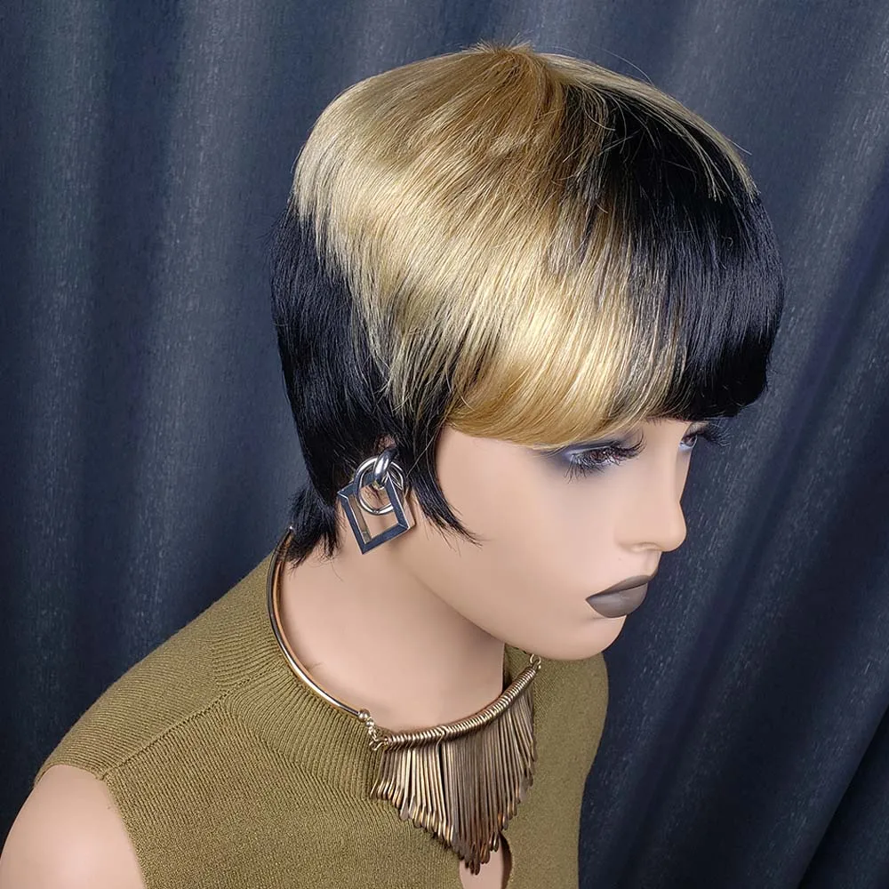 Короткий прямой парик с стрижкой пикси Блондинка, черный парик Боб с челкой, парики из натуральных волос машинного производства