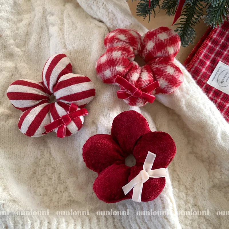 

Новогодняя красная повязка для волос с хлопковым цветком, полосатая клетчатая веревка для волос, детская веревка с бантом, аксессуары для волос, головные уборы.