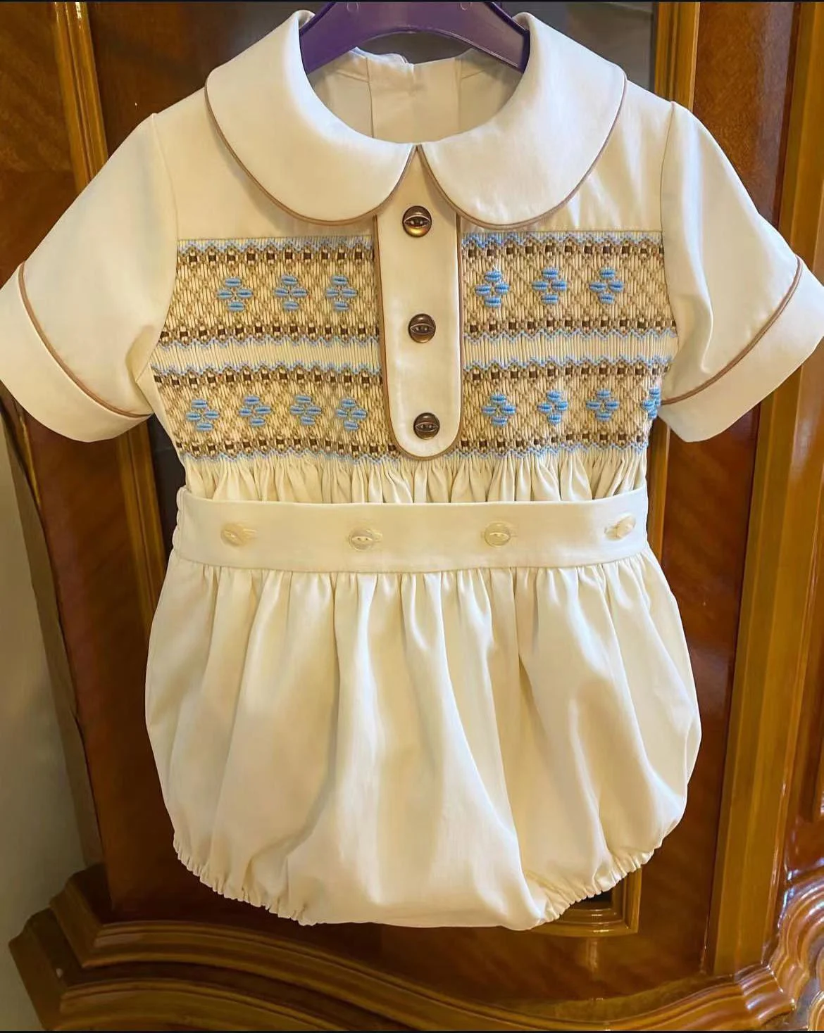 

0-3Y Boy Summer White Smocked Outfit Suit