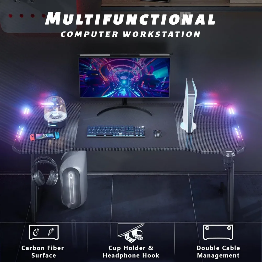 63 Inch Gaming Desk with LED Lights Carbon Fibre Surface Gaming Table Large Computer Desk Ergonomic Home Office Computer Desks