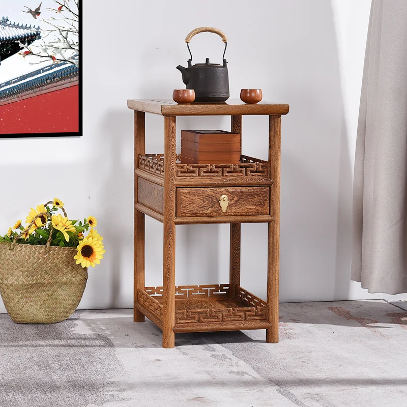 Chinese Red Wood Small Coffee Table, Master-Designed Square Storage Cabinet, Living Room Sofa Corner Table,Balcony Bonsai Base