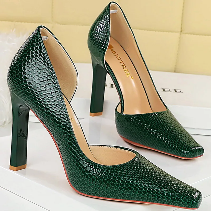 Women 11cm High Heels Square Heels Pumps Square Toe Green Pink Heels Lady Serpentine Patent Leather Wedding Evening Party Shoes