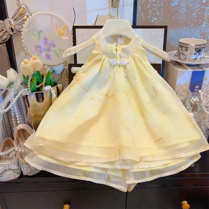 

Girls' New Chinese Style Outfit Summer New Fashionable Little Girl Chinese Style Sleeveless Vest and Shorts Two-Piece Set