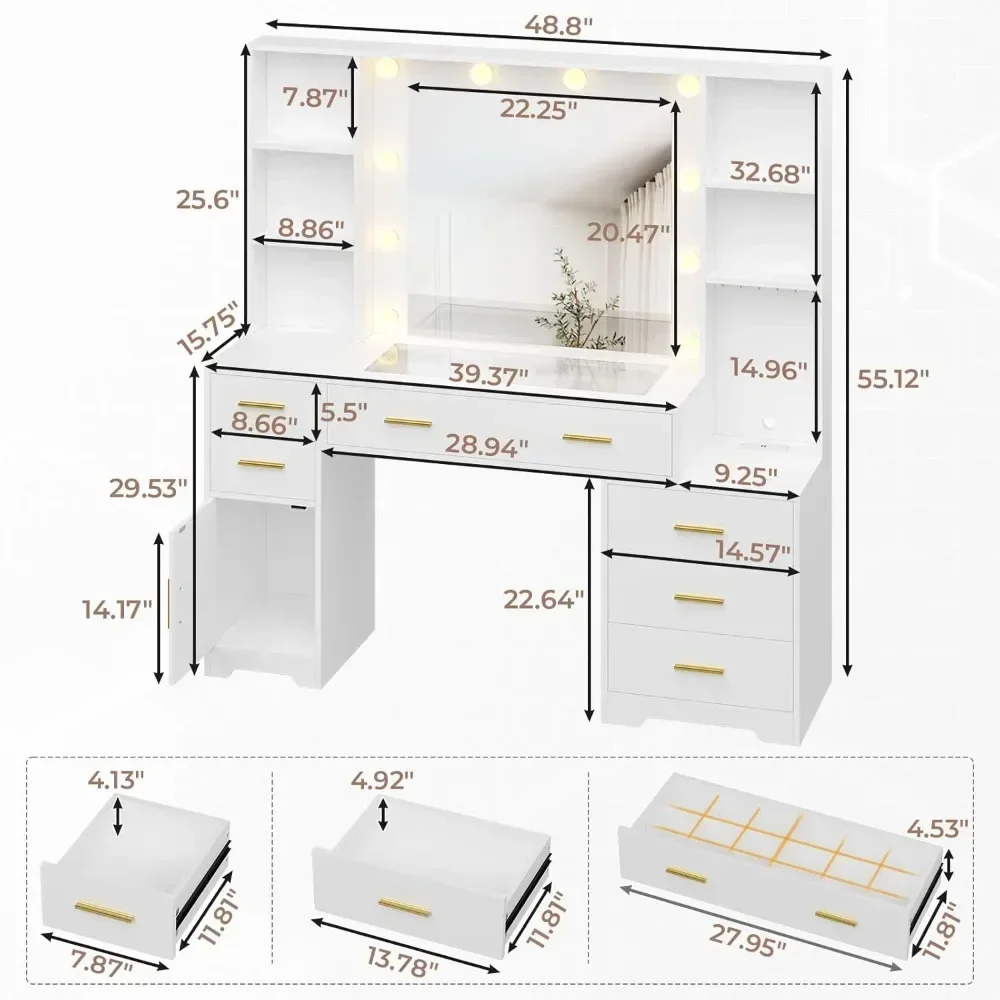 48.8'' Large Vanity Desk with Lighted Mirror & Power Outlet White Makeup Vanity Table  4 Shelves  Dressing Table