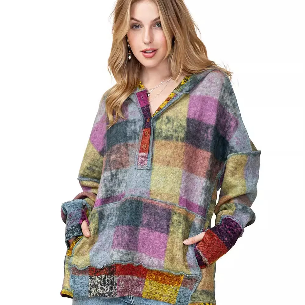 Fashion New Women's Autumn Fleece Warm Hoodies Multi Colored Plaid Loose Casual Sweatshirts Pullover for Women