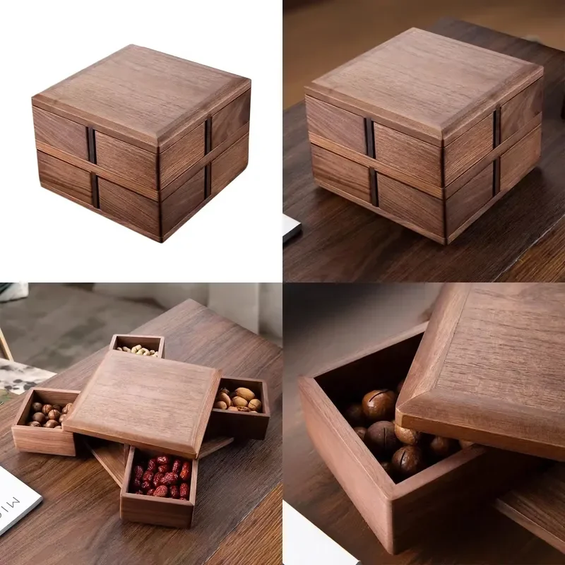 2026 Hot Sale Multifunctional Walnut Storage Box for Wooden Candy Tray Dried Fruit Box with Lid for Candy Dried Nuts