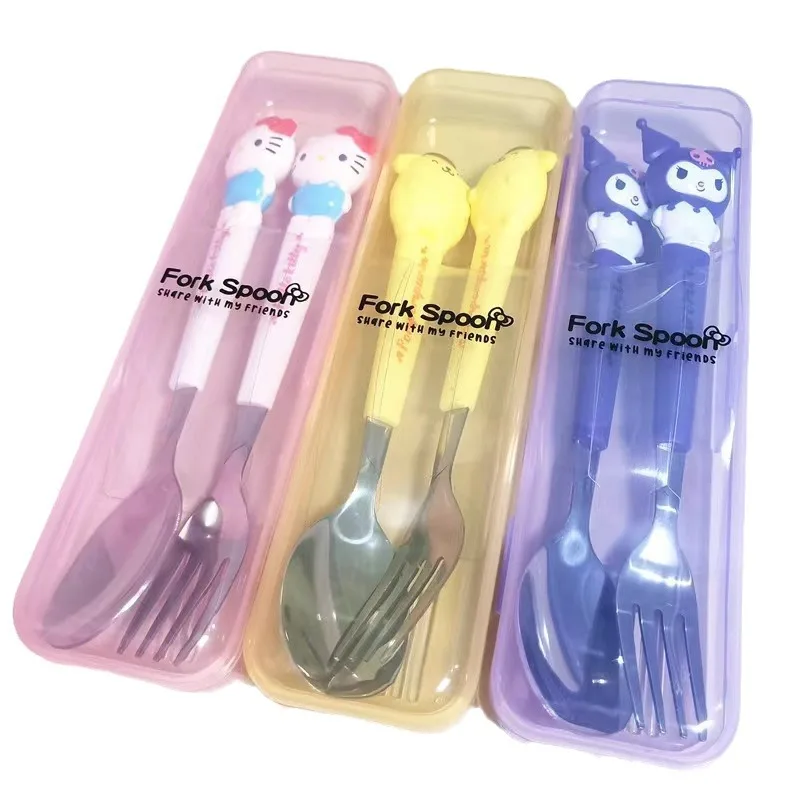 Aço inoxidável Kitchen Louça Set, bonito Kuromi colher e garfo, Sanrio Pompompurin Olá Kitty My Melody Suprimentos, 2 pcs