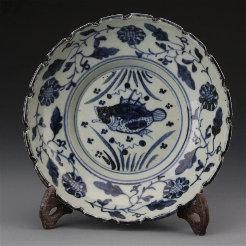 Antique porcelain ornaments, blue and white hand painted fish, algae, flowers and fruit plates