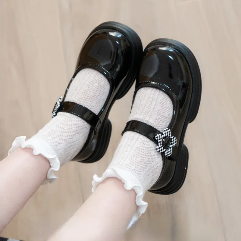 Spring Autumn Children's Leather Shoes Elegant Flower Glossy PU Princess Shoes for Girls Versatile Kids Mary Jane Shoes Non-slip