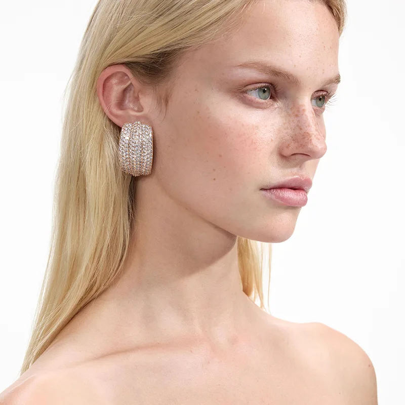 

Exaggerated Rhinestone Wide Hoop Earrings for Women Luxury Party Jewelry Arc Shape Geometry Drop Earrings Exquisite Accessories