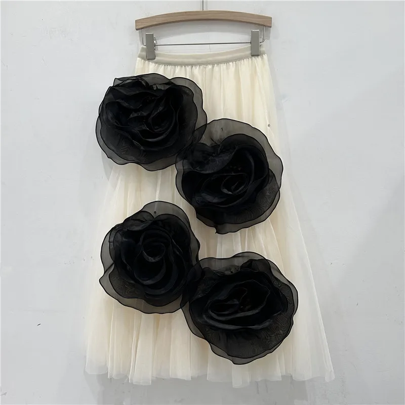 JHJN 3D Flower Half  Skirt Women High Waist Mid-length Big Swing Mesh Skirt Three Floors Pengpeng Fairy Skirt