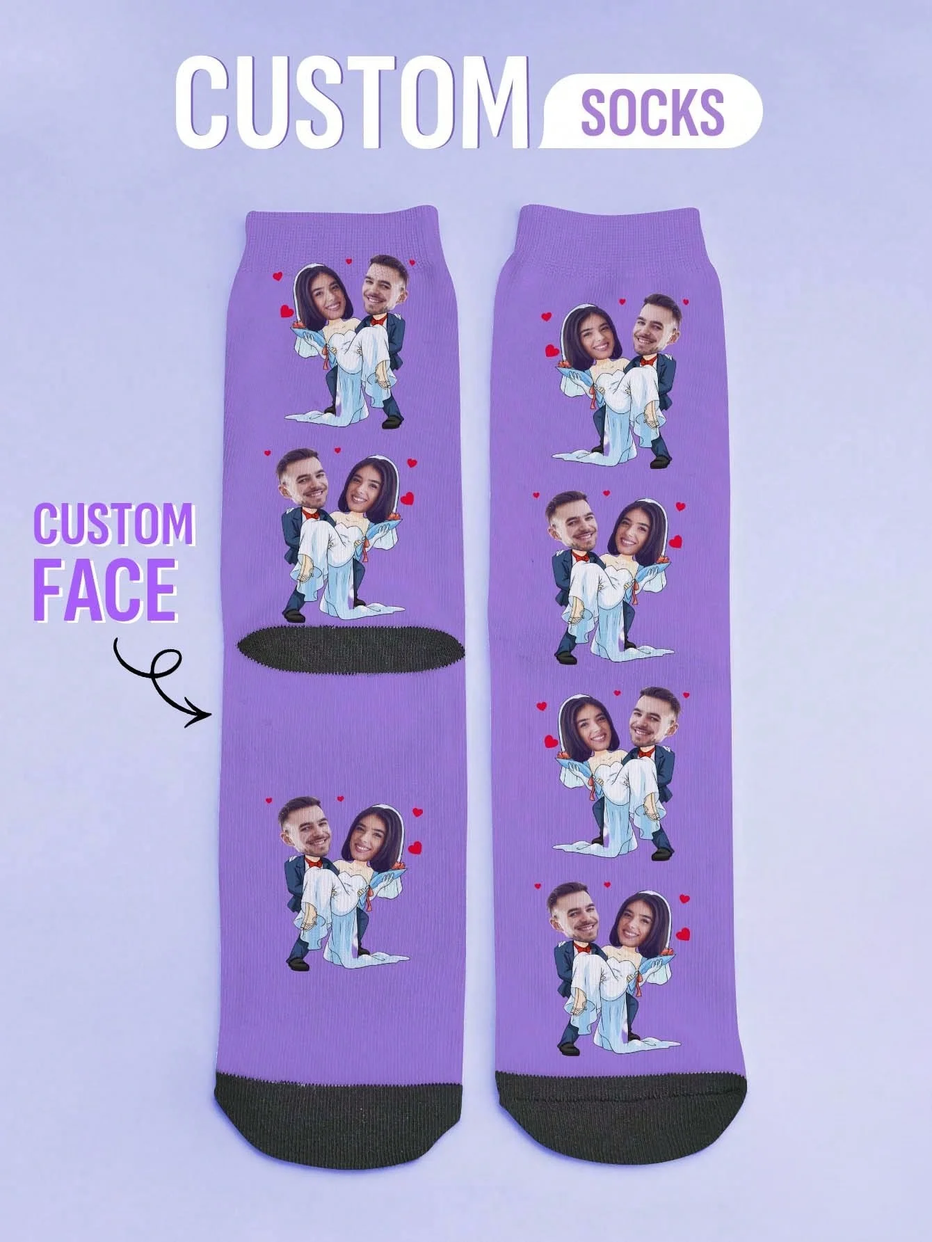 

Свадебные носки на заказ, носки для фото на заказ, фиолетовые носки с принтом на заказ, подарок на годовщину, подарок на день Святого Валентина, подарок на день рождения, свадьбу