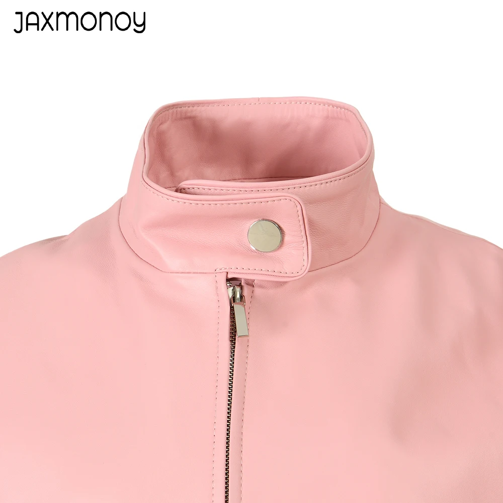 Jaxmonoy-chaqueta de cuero genuino para mujer, chaleco de piel de oveja con cremallera de alta calidad, a la moda, primavera y otoño