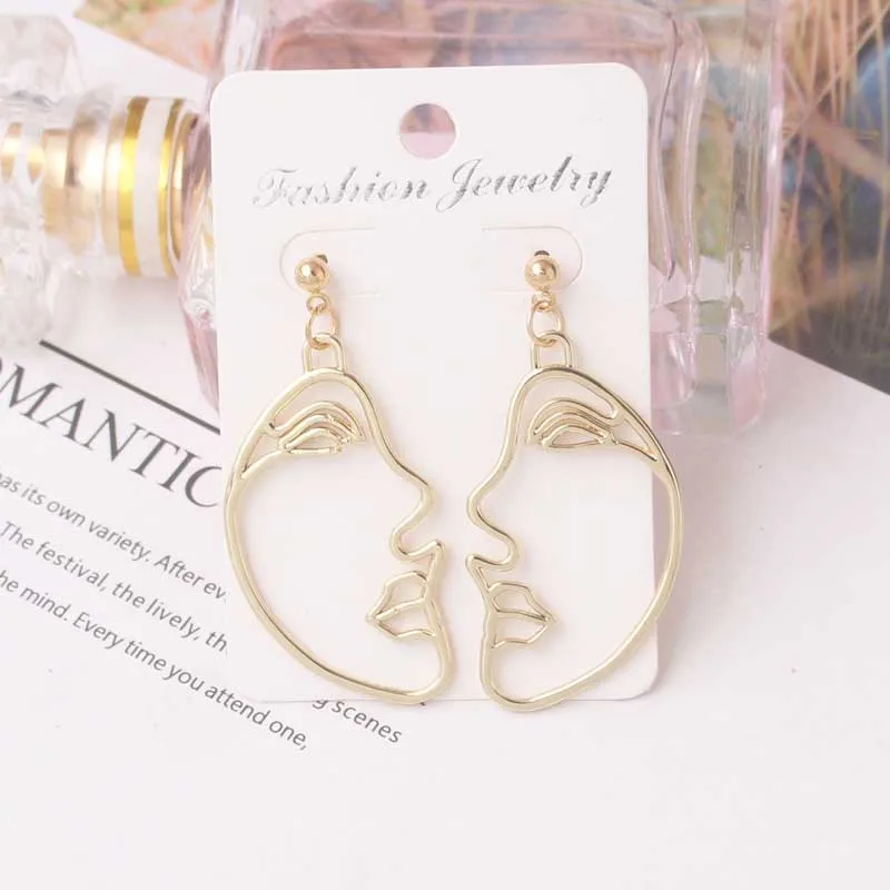 New Fashion Abstract Face Dangle Earrings Gold Color Alloy Pendants Women's Earrings Geometric Statement Unusual Earrings