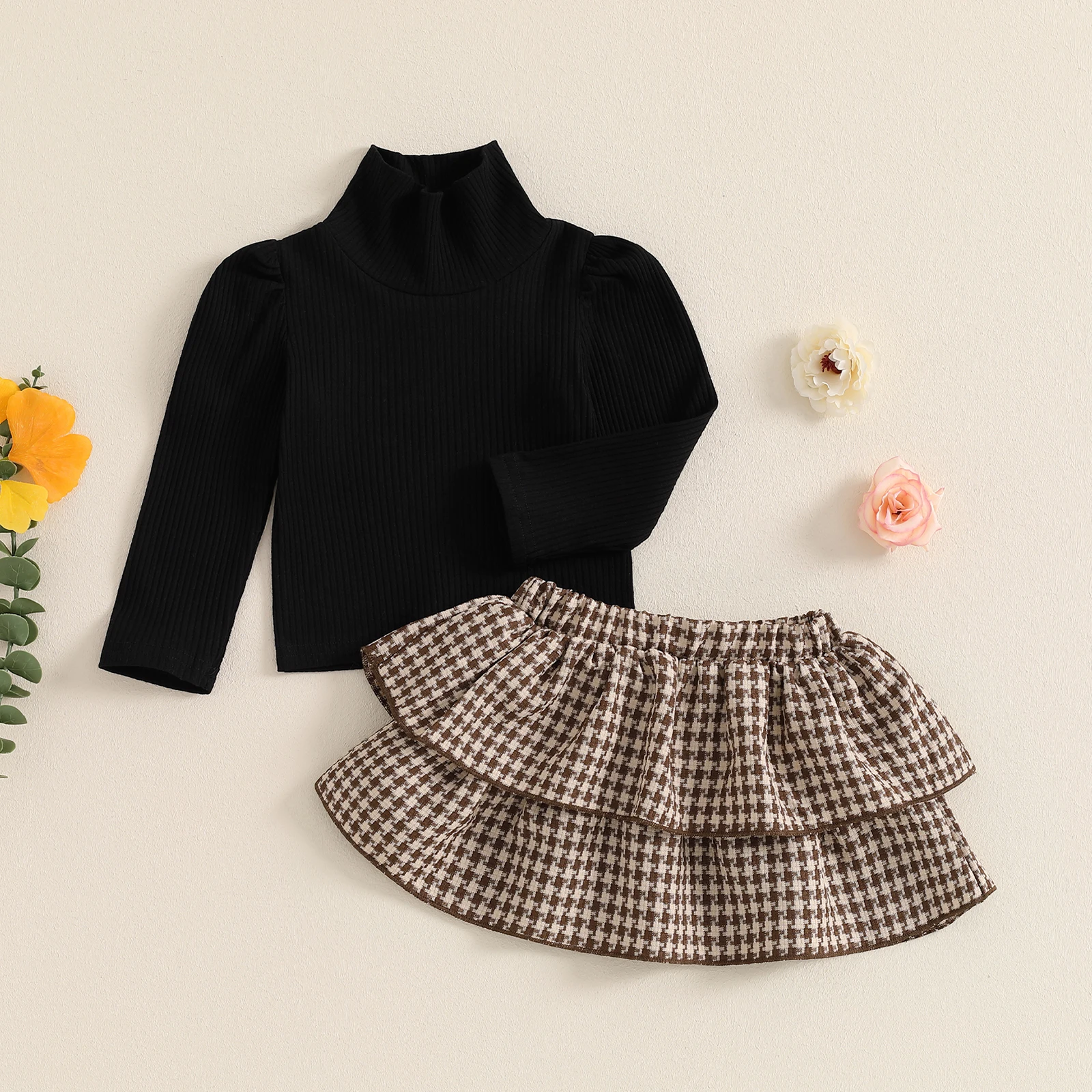 

Fashion Baby Girl 2pcs Skirt Cotton Suit Long Sleeve Sweater and Houndstooth Print Skirt Set Fall Toddler Casual Outfits