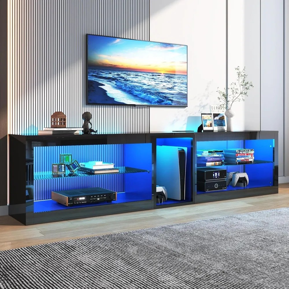 

80 inch high gloss LED TV stand with power socket, 80 85 90 inch TV 60000 color lighting, modern black LED entertainment