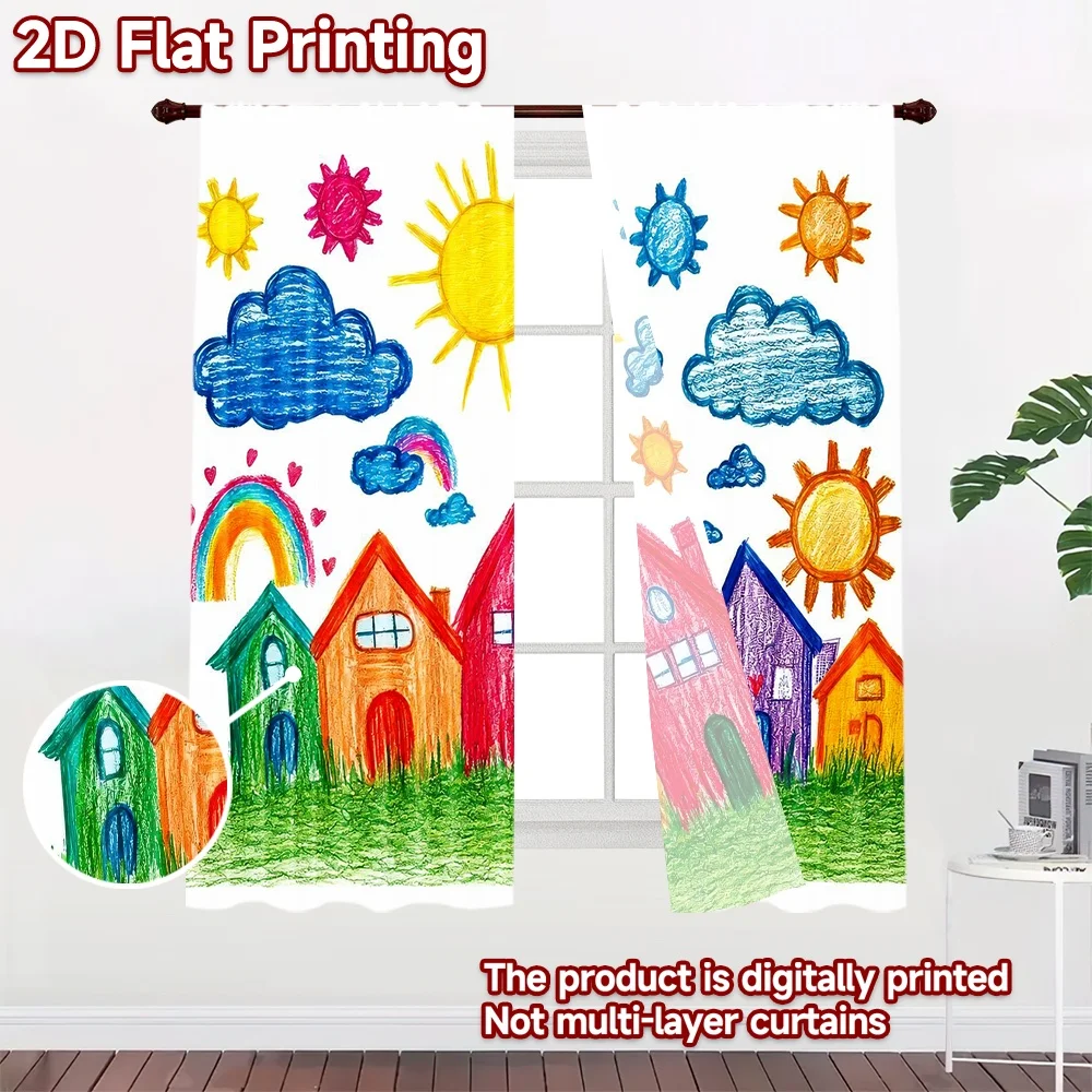 2D flat 2pcs Curtain Home Short Curtains Sunny Rainbow Houses Digitally printed polyester, colorfast Festive Wall Decor Use for