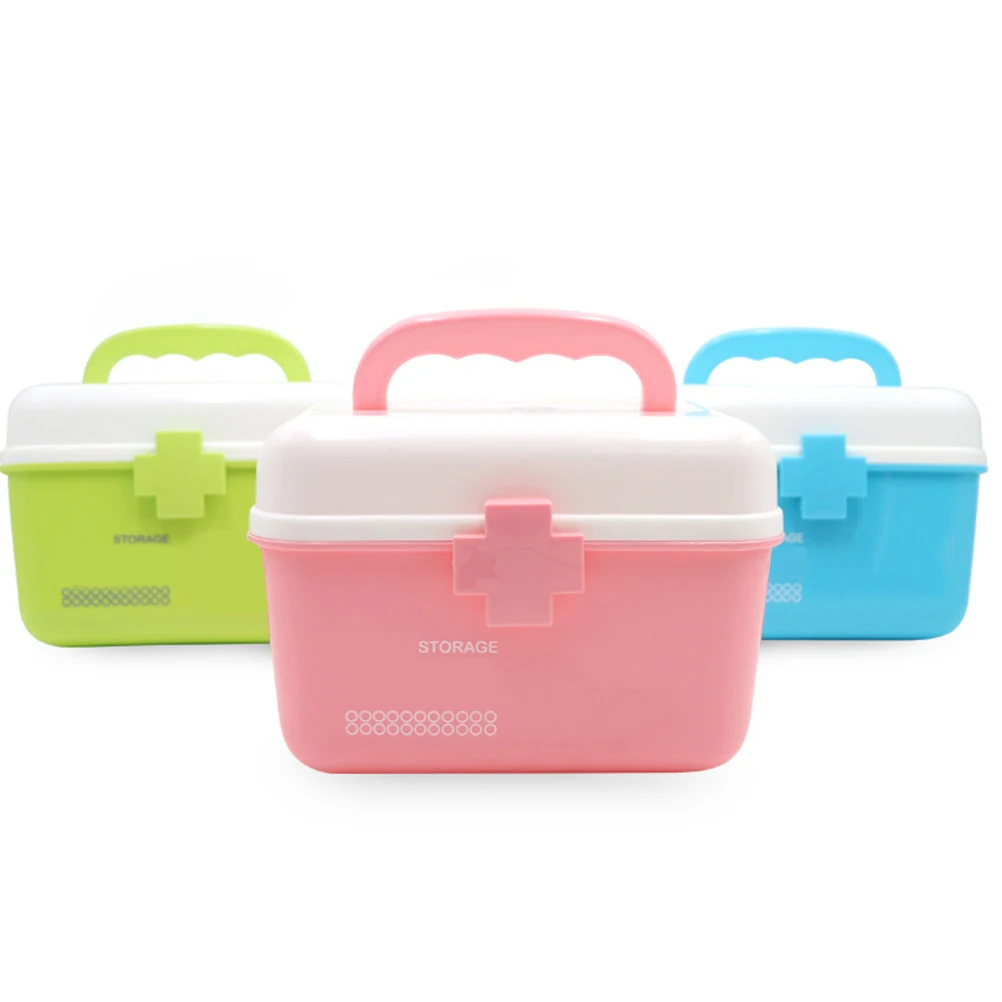 صندوق دواء محمول بطبقة مزدوجة أخضر 21 × 16.5 × 15 سم من البلاستيك المتين منظم تخزين الإسعافات الأولية للاستخدام المنزلي في الهواء الطلق