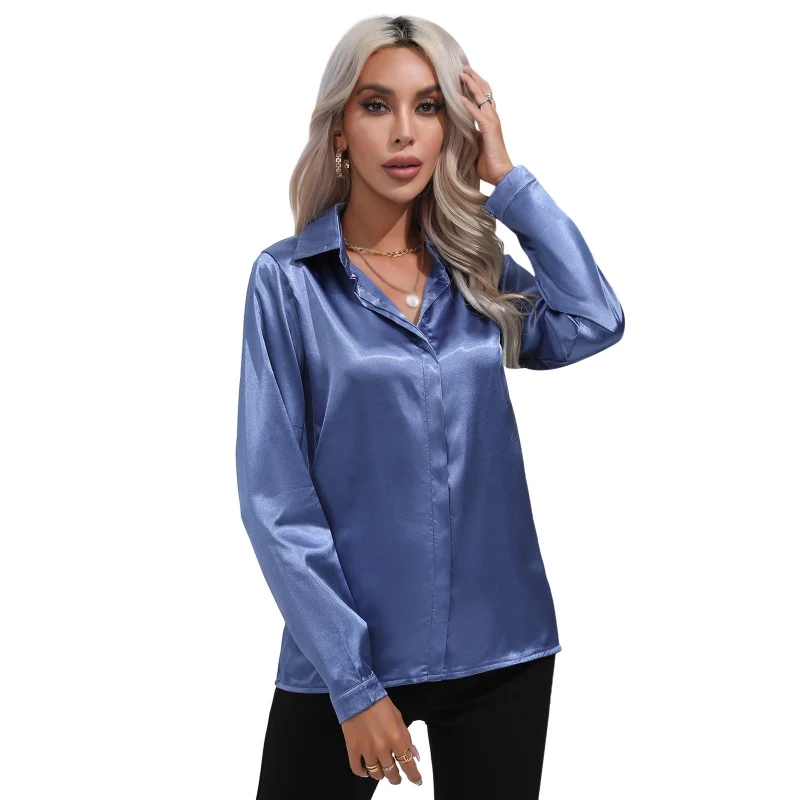 Women\'s Shirts Satin Shirts Simulated Silk Shirts Long Sleeve work Casual Blouses