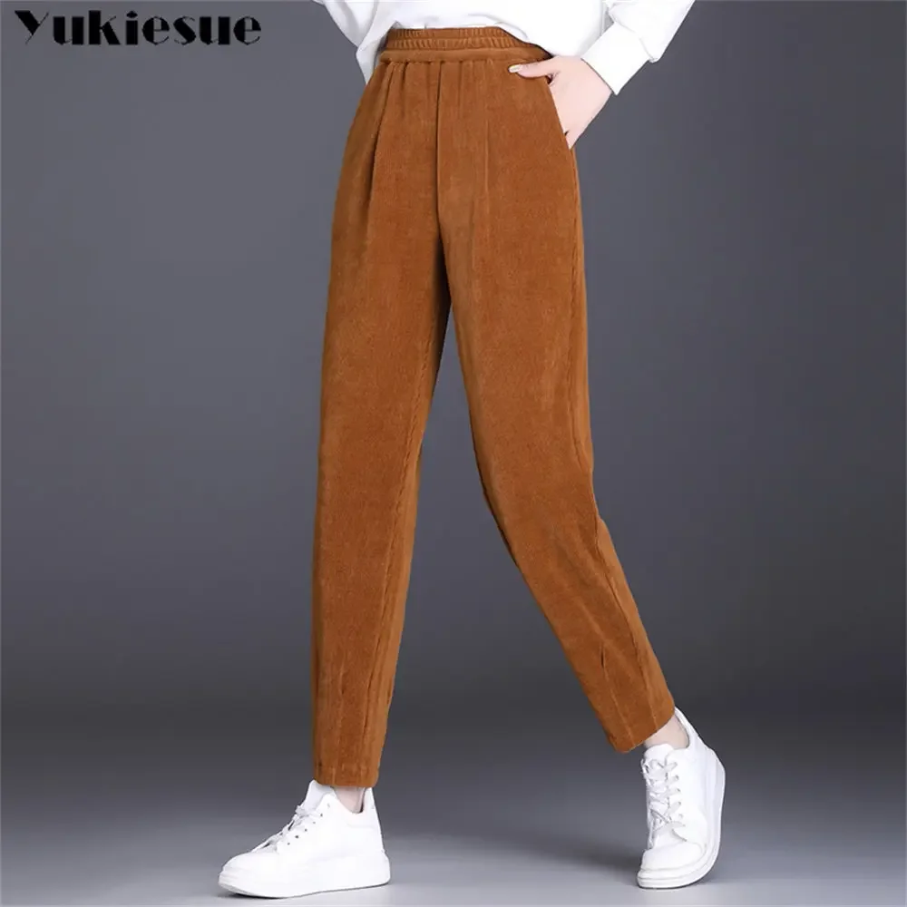 Otoño Invierno pantalones cálidos de pana para mujer Leggings pantalones Harem de cintura alta pantalones de mujer de felpa gruesa Vintage pantalones casuales sueltos