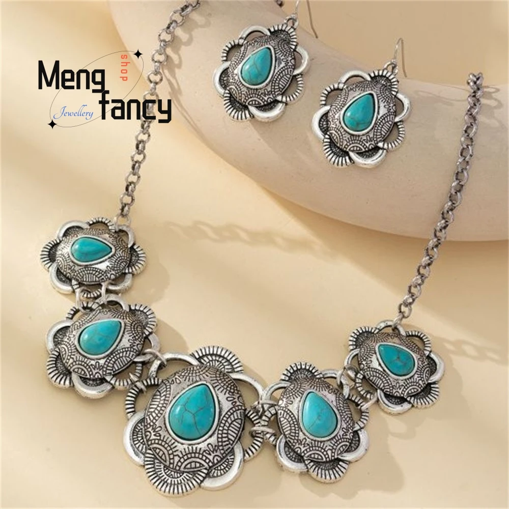 

New Retro Teardrop-Shaped Green Necklace Earrings Jewelry Set With Western Style Exaggerated Turquoise Jewelry Exquisite Elegant