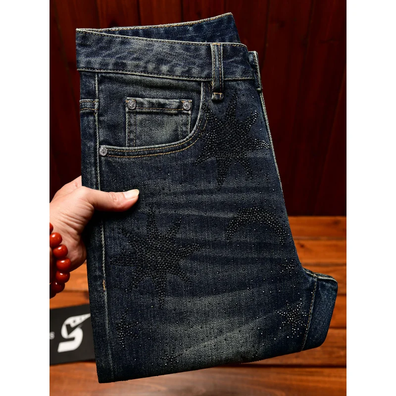 Men's jeans with print design, elastic, trendy, washed, vintage blue pants