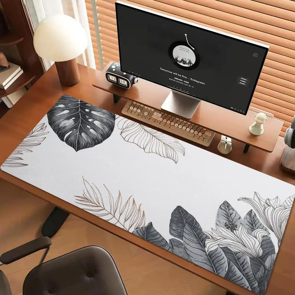 XXL Gaming Mouse Pad Tropical Monstera Leaf Deskmat Non‑Slip Rubber Gold Line Drawing Plant Art Pc Keyboard Mats Gamer Desk Pads