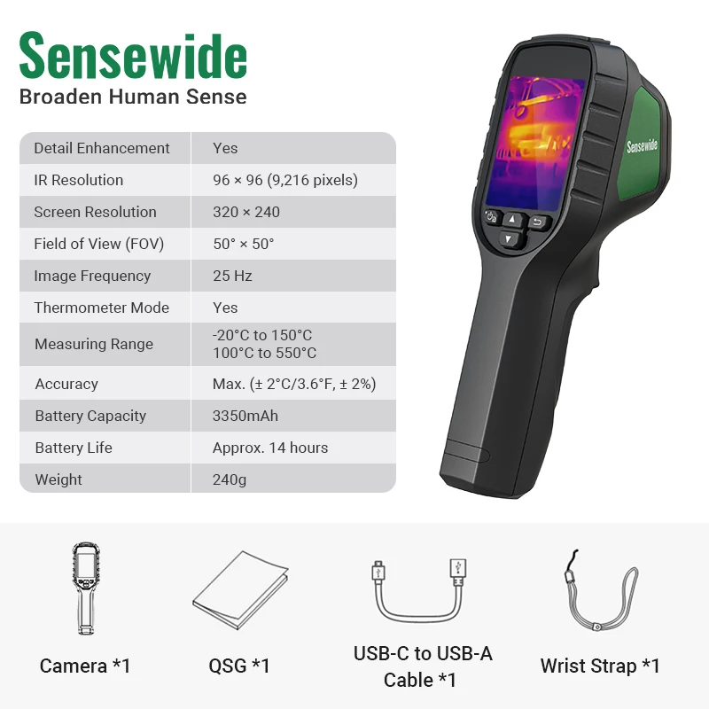Sensewide FH26 Professionele Thermische Beeldvormingscamera 640x480 HyperIR, 3.2" Display met 2MP Visuele Camera 64GB 25Hz Thermische Camera