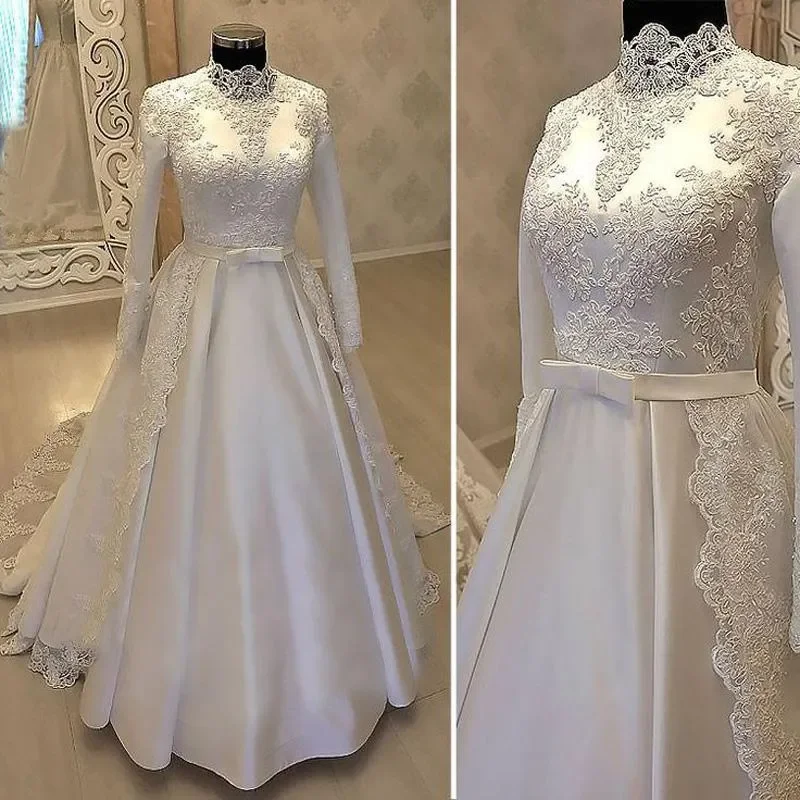 

Long Sleeves Muslim A Line Wedding Dresses High Neck Arabic Satin With Overskirt Ribbon Lace Appliques Bridal Gowns فستان الزفاف