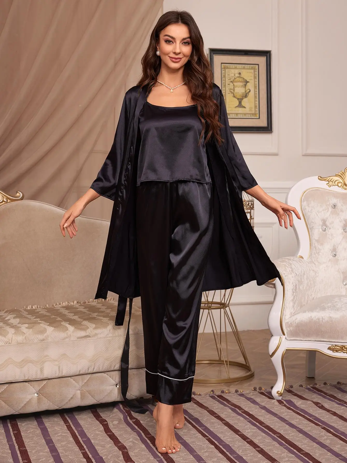 Silk Satin Women Pajama Set Solid Sleeveless Top & Wide Leg Pants & Long Sleeve Robe 3 Pieces Sleepwear Female Fall Nightwear