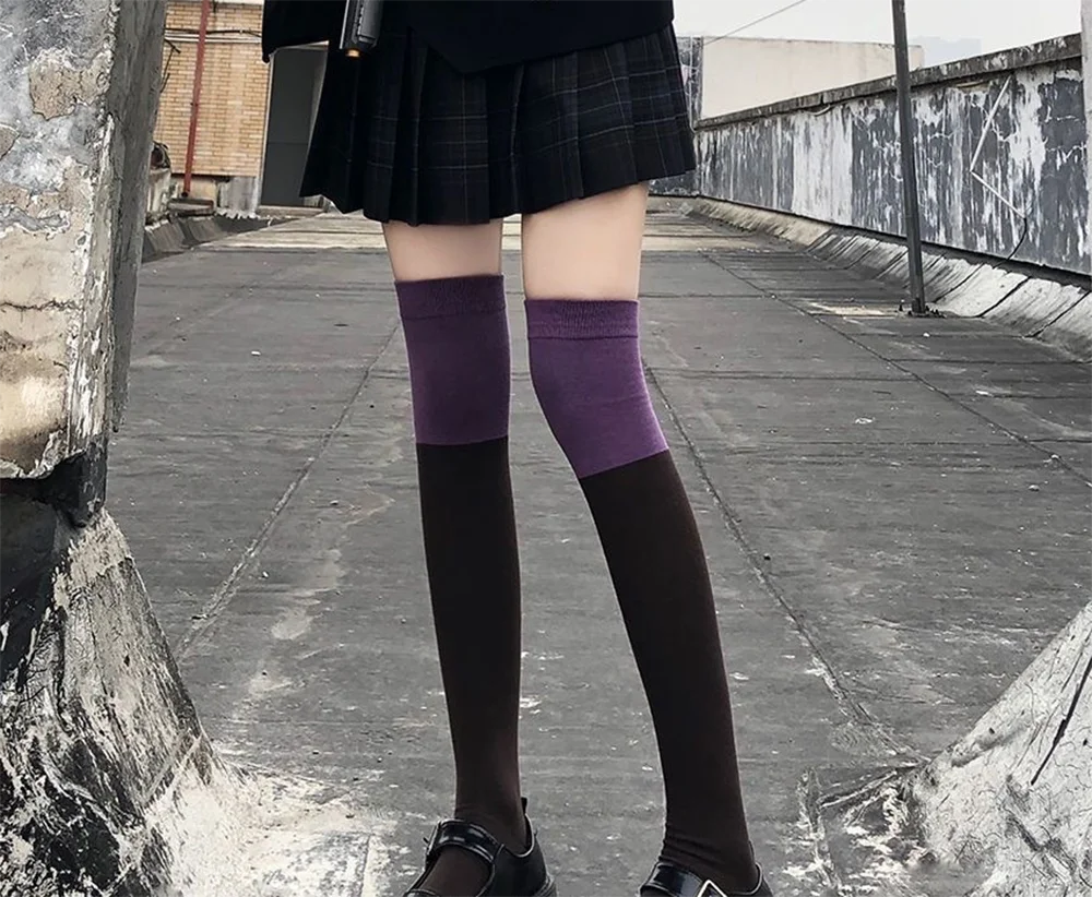 Women Warm Fashion Japanese Syle Cute Cool Lovely Black-Gray Black-Purple Spliced ​​Mid-Tube Over The Knee Half-Leg Long Socks