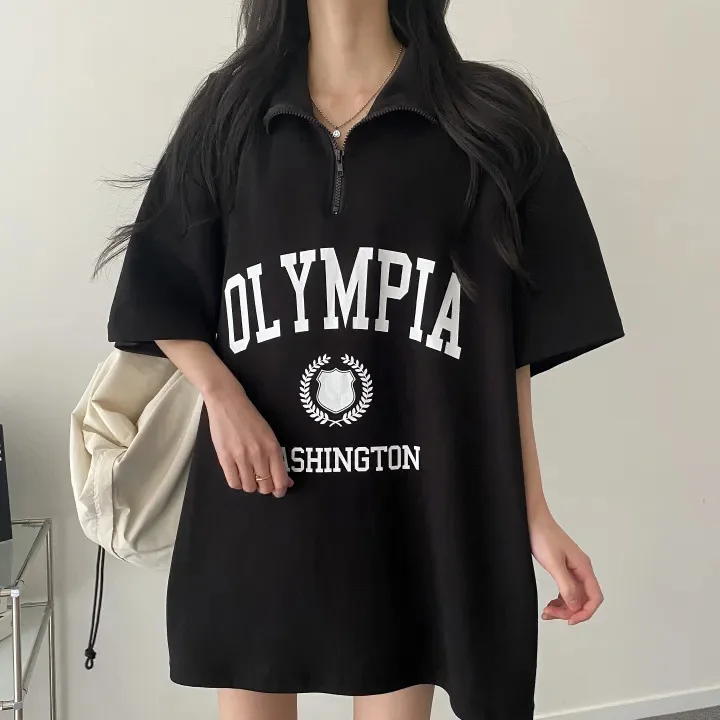 Women Loose T-shirts Trend Distressed Tee Polo Collar Zipper Short Sleeve Printed Short Sleeve Summer Female Clothes Casual Top