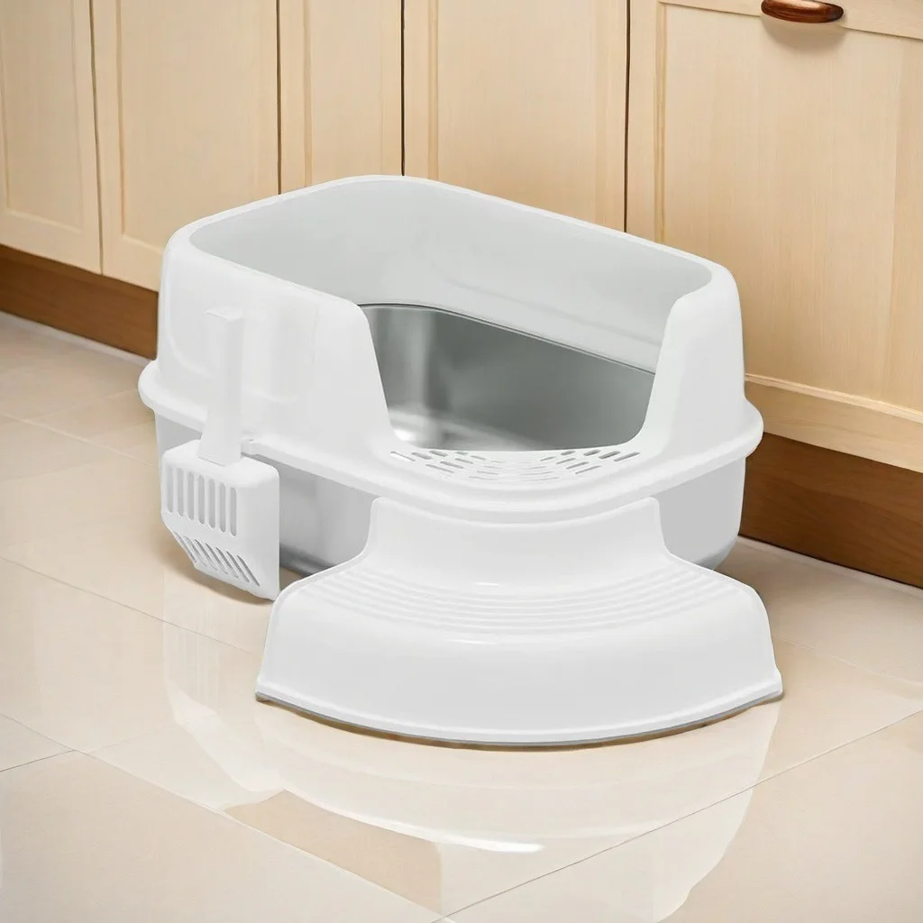 Large Cat Restroom Litter Box 20L Capacity Stainless Steel Semi-Enclosed Design with Easy Cleaning Features