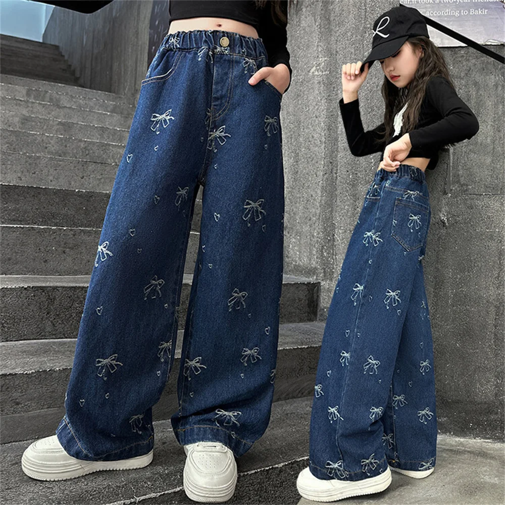 A032 Fashion Autumn Jacquard Girl Jeans Cargo Pants Street Dance Jeans Children's Pants Kid Jeans Denim Wide Leg Pants