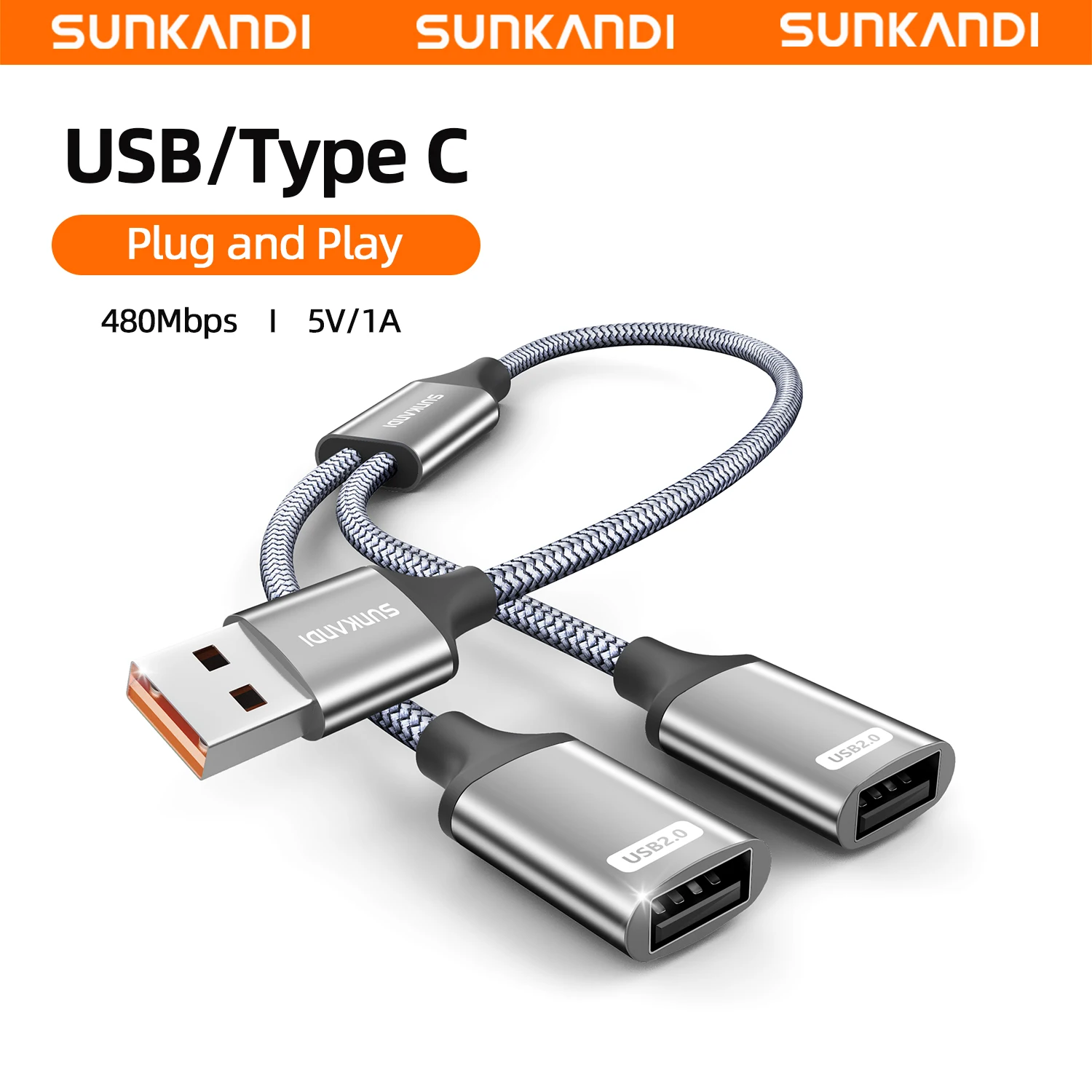 SUNKANDI USB A Splitter, USB 2.0 A Male to USB Female Hub Power Cord Extension Cable for Car,PS4,PS5,Laptop,Keyboard