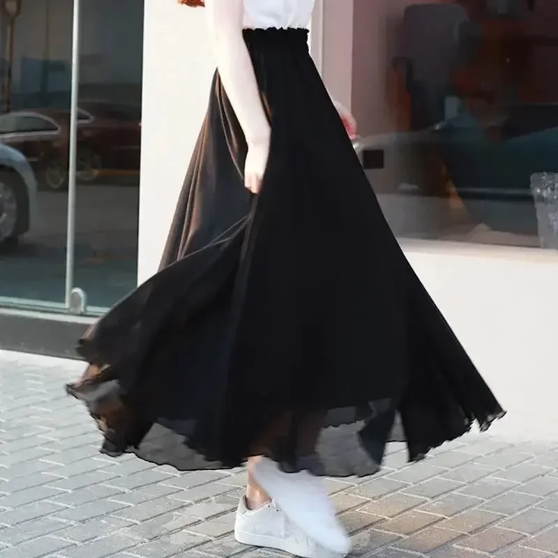 

White Chiffion High Waist Tulle Skirts Women Long Elegant Plus Size Solid Dance Mesh Pleated Skirts C450