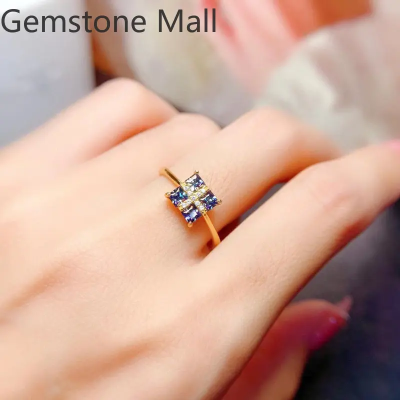 Dark Blue Moissanite Jewelry Set 3mm Square Moissanite Ring Earrings Pendant 925 Silver Gemstone Jewelry Set with Gold Plating