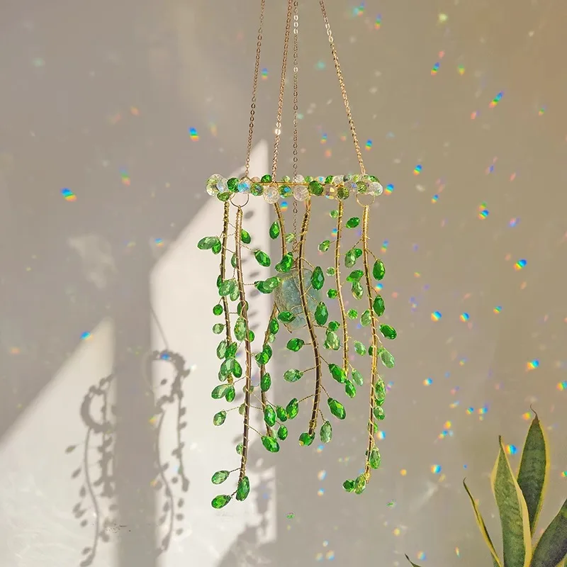 Crystal glass pendant Sunshine catcher pendant creative green willow branch pendant home decoration wind chimes