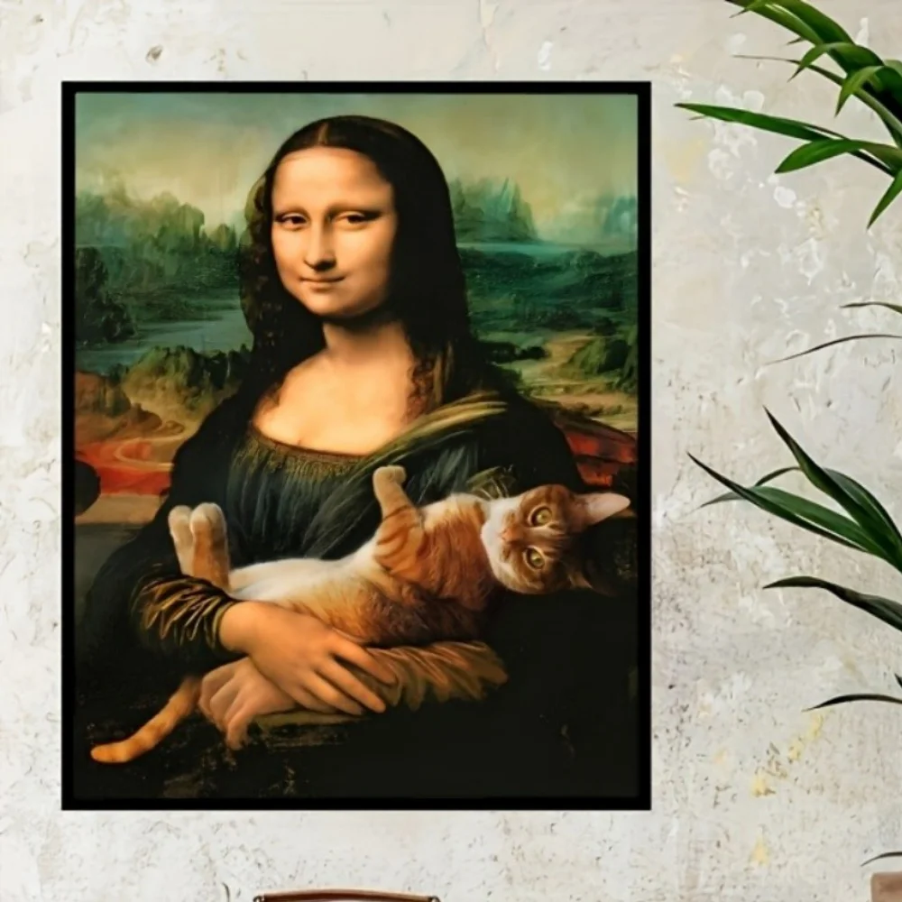 2D Flat, 2D Flat, Mona Lisa with Cat 12X16 Inch Canvas Art Poster - Unframed, High-Quality Wall Decoration for Home, Office,