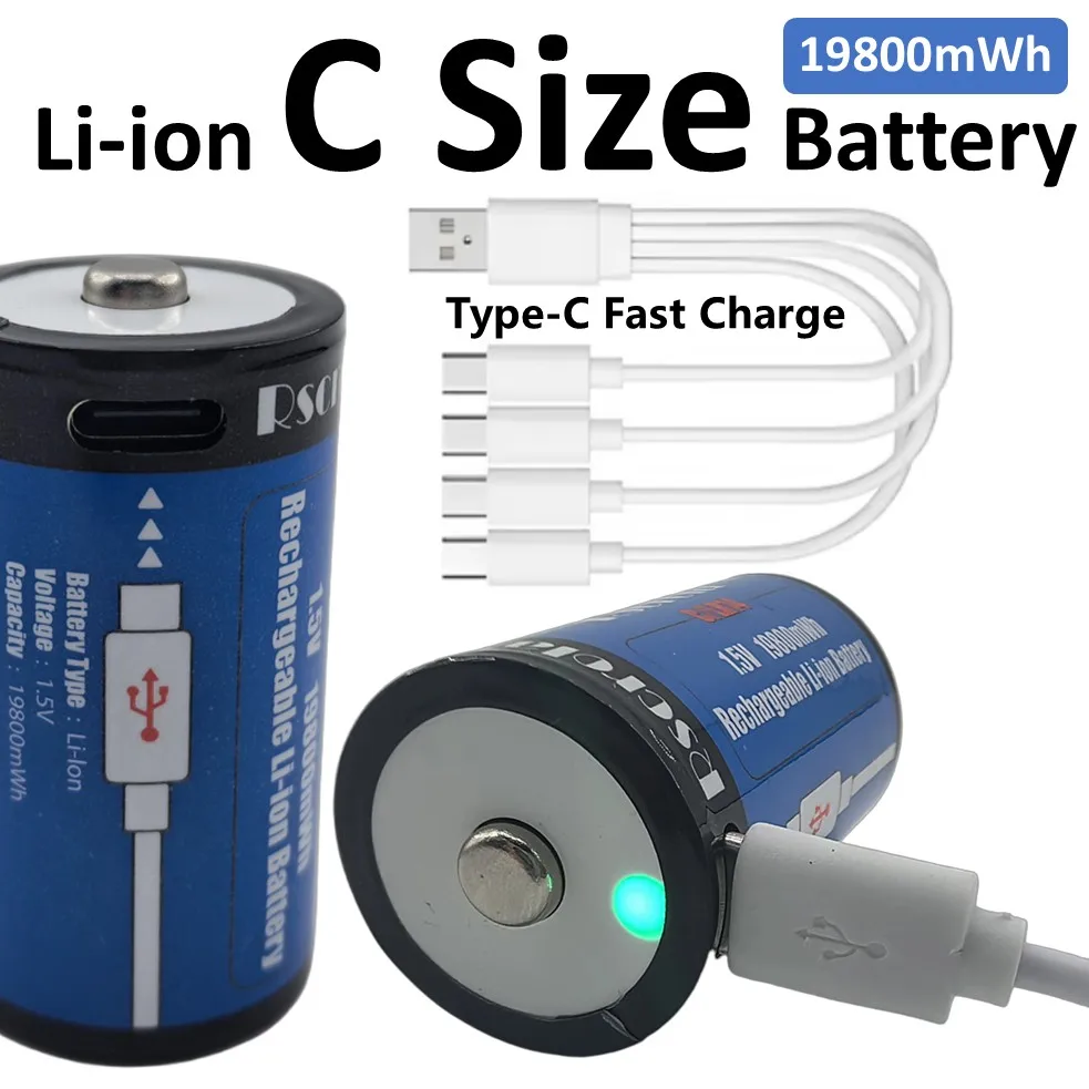 Rechargeable C Size Battery, 19800mWh Lithium C2 Battery, USB C Charge Port, 1200+ Cycles, LR14 Battery for Flashlight, Speaker