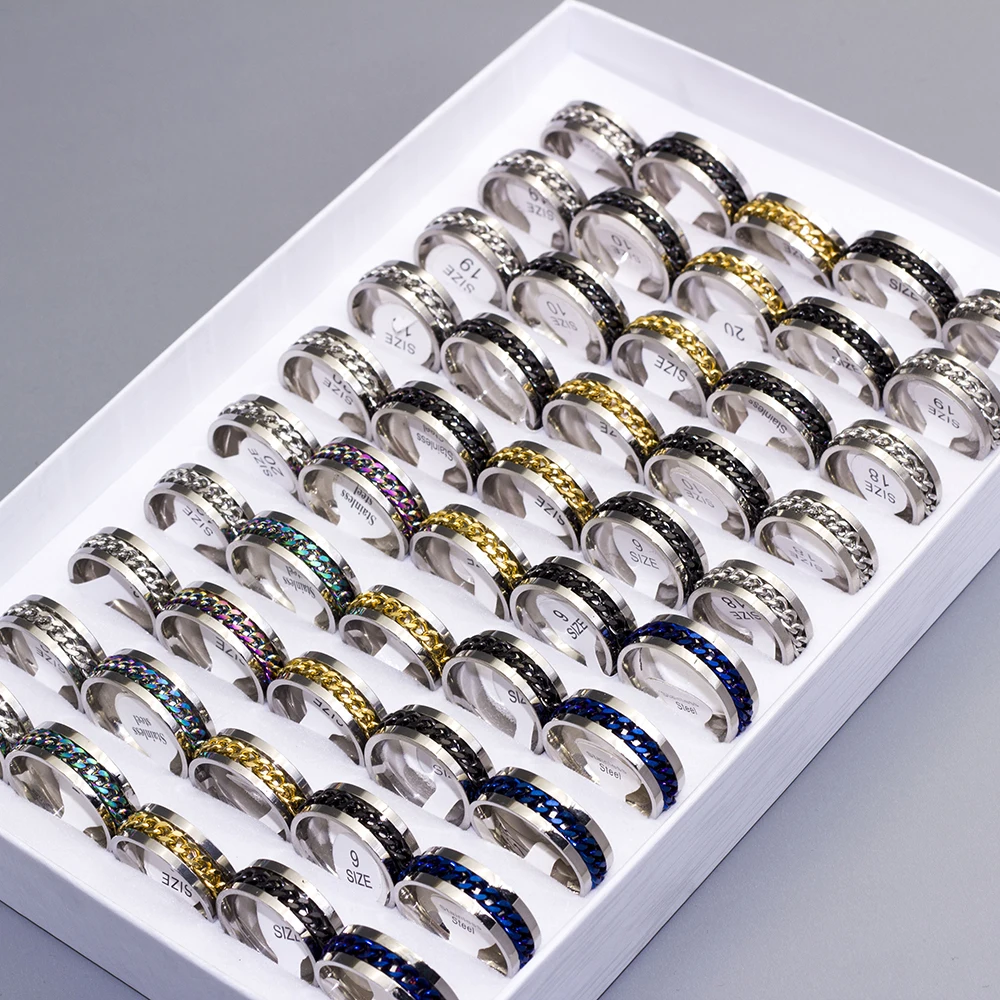 30 pcs/lot Mix 4 Colors Rotation Chain Stainless Steel Rings Fashion Punk Rock Mens Ring Polished Inside