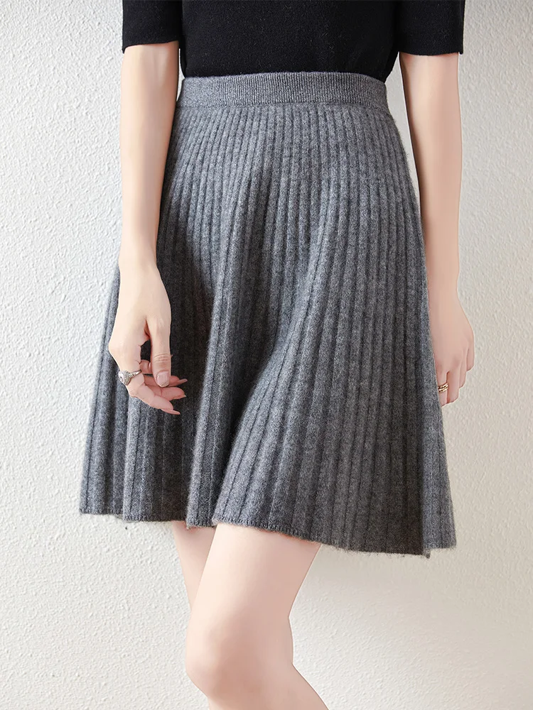 Women's Wave Short Skirt 100% Merino Wool Mini Skirts Autumn Winter Sweater Umbrella Skirt High Waist Stretch Sweet Knit Dresses