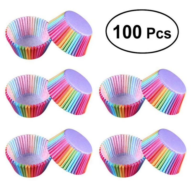 100pcs Rainbow Color Paper Cake Cupcake Liner Baking Muffin Box Cup Case Party Tray Cake Mold Decorating