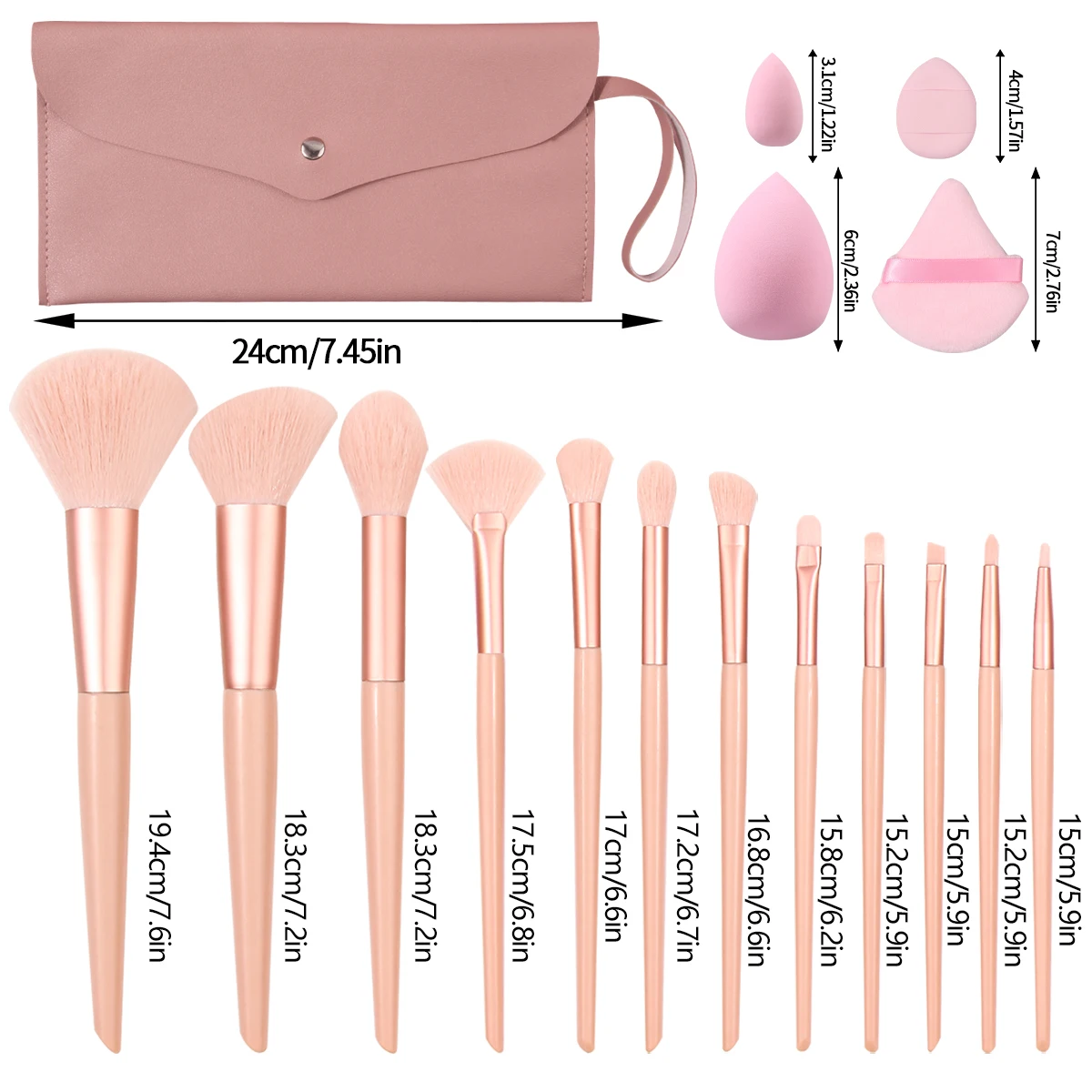 Ensemble d'outils professionnels de beauté quotidienne: 12 pinceaux de maquillage à poils souples + 8 pièces de bouffantes d'éponge d'œuf de maquillage en forme de goutte d'eau + trousse de maquillage