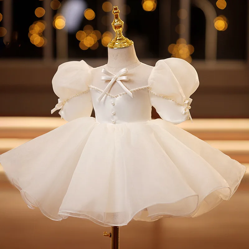 New Puff Sleeve Bow Baby Girl Tutu Dress for Party Wedding Princess 1st Birthday Baby Girl Prom Dress Pearl Toddler Girls Dress