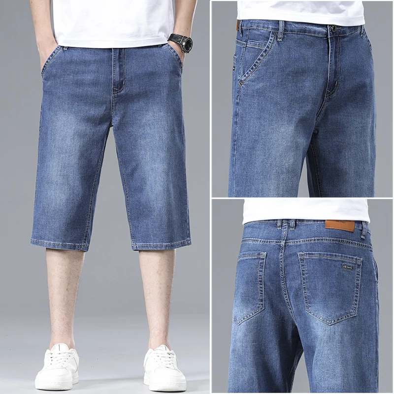 

High Quality Men's Thin Straight Denim Shorts Soft and Comfortable Ice Silk Feel Loose Pants Large Size Light Blue Dark Blue