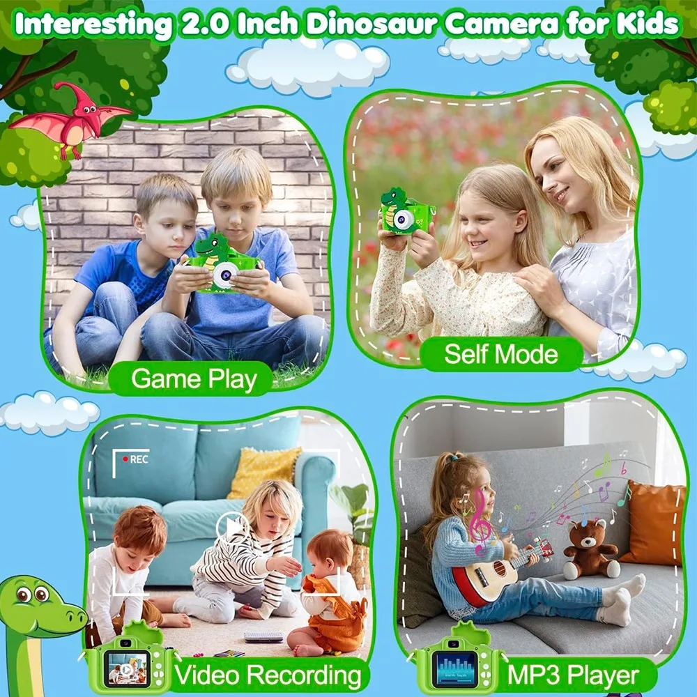 Alta calidad HD 1080P 1080P cámara Digital dinosaurio 32GB cámara para niños pequeños funda de silicona suave dinosaurio juguetes cámara Navidad