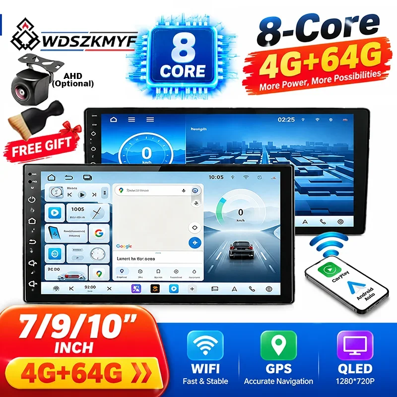 2Din Android13 Auto Multimedia Player 7/9/10 Inch 8Core 4+64GB Car Radio Stereo GPS WiFi BT CarPlay Android Auto Touch Screen